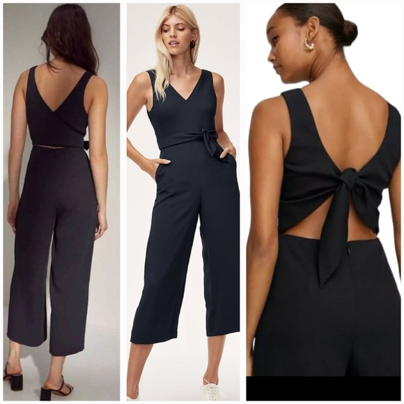 Aritzia Wilfred Black Écoulement V Neck‎ Wide Leg Crop Jumpsuit Size 0 - Picture 1 of 12